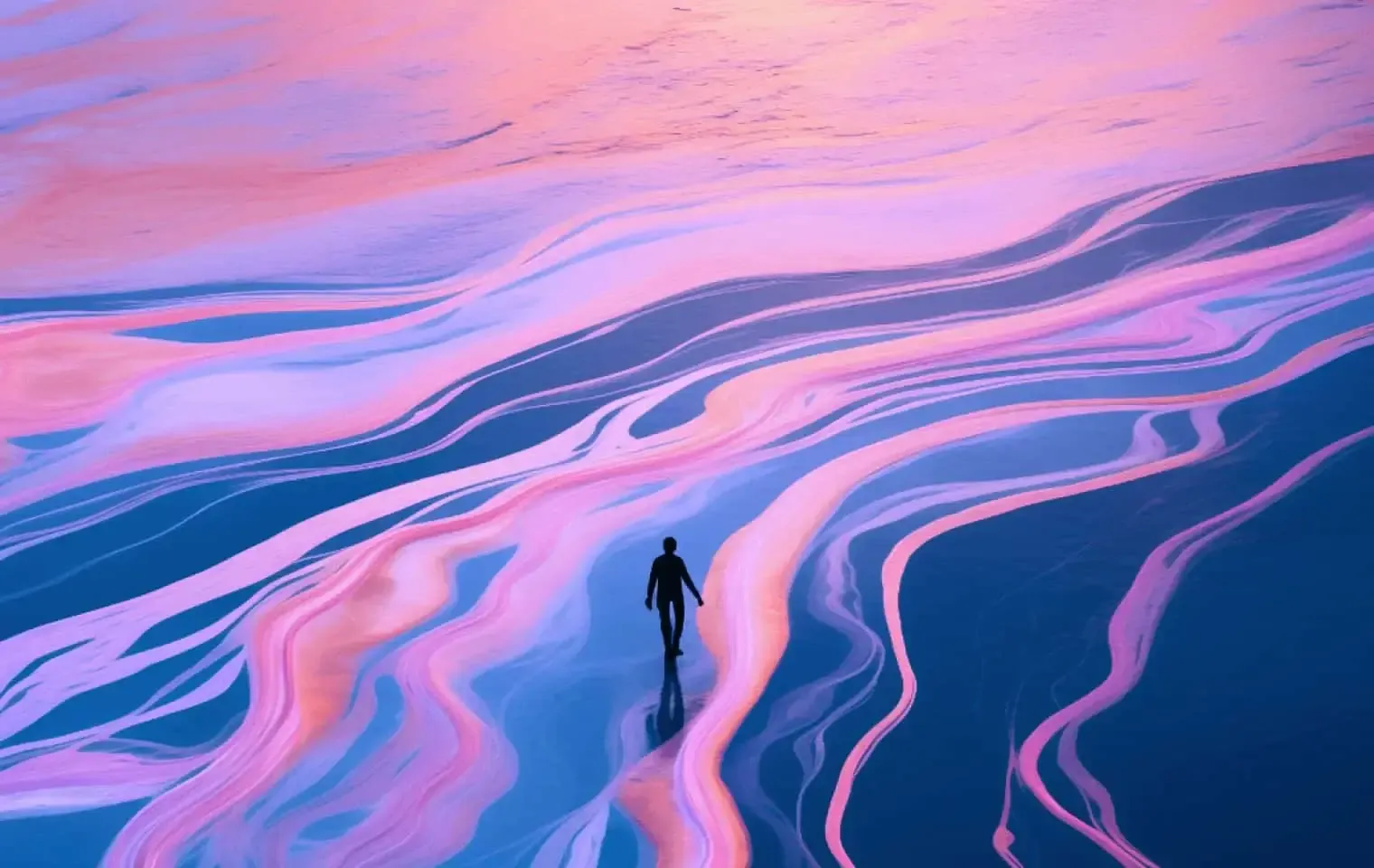 Header illustration for the Terra blog article 'Terra: Autonomous Driving Fundamental World Model', depicting a human explorer navigating through a surreal sea of data, symbolizing the journey through the foundational world of autonomous driving via the Terra model.