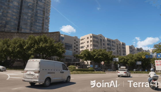 JoinAI Terra generated video frame showing a daytime road scene 1 with multiple vehicles on a sunny day.