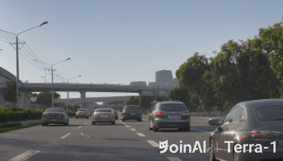 JoinAI Terra generated video frame showing a daytime road scene 2 with multiple vehicles on a sunny day.