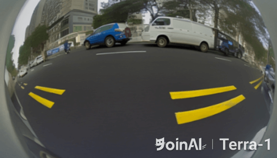 JoinAI Terra generated video frame showing a daytime road scene 4 with multiple vehicles on a sunny day.