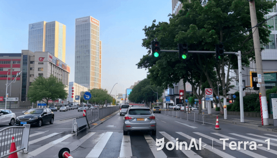 JoinAI Terra generated video frame showing a daytime road scene 5 with multiple vehicles and buildings on a sunny day.