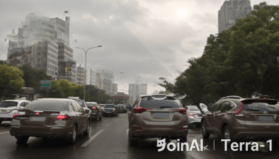 JoinAI Terra generated video frame showing a daytime road scene 8 with multiple vehicles on a rainy day.